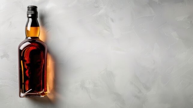 Whiskey or brandy bottle, alcohol drink isolated on grey background with copy space