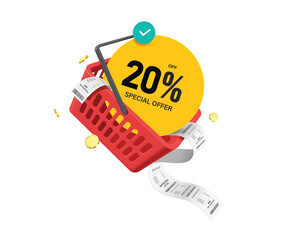 shopping advertisement, Yellow circular promotional tag label with message special offer 20% discount message placed in red shopping basket with receipt paper over out, vector 3d isolated for design