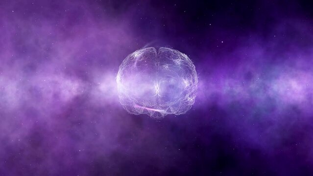 Futuristic looped artistic cosmos light with 3d human brain rotation.