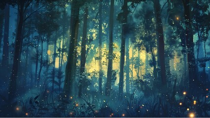  an enchanting illustration of a mystical forest scene at twilight. Shafts of warm, golden light filter through the silhouettes of tall trees, creating a magical atmosphere