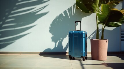 Blue luggage facing camera against the wall has palm leaf 