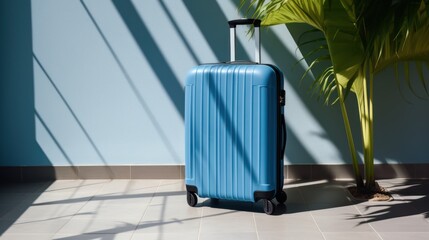 Blue luggage facing camera against the wall has palm leaf 