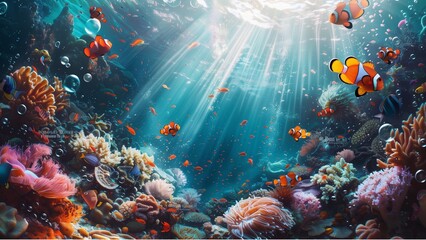 Underwater world with coral reef and fish. an underwater scene. A beam of sunlight penetrates the water from above, illuminating a trail of bubbles and casting a heavenly glow