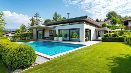 Big swimming pool in front of a new modern house