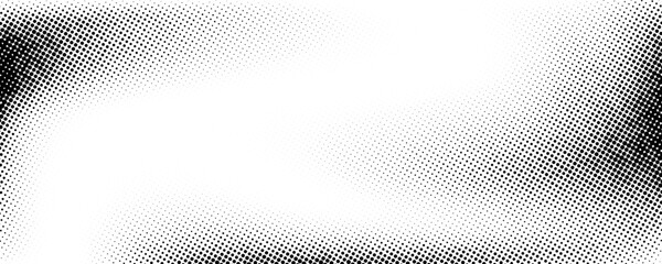 Grunge halftone gradient background. Faded grit noise texture. White and black sandy wallpaper. Retro pixelated backdrop. Anime or manga style comic overlay. Vector graphic design textured template