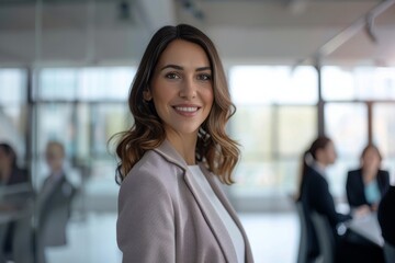 Young successful businesswoman at corporate office looking at camera. Smile and give off a confident look