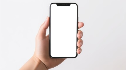Close-up of female hand holding Smartphone with blank white screen on white background, 