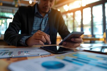 Business professional analyzing financial documents and data on a tablet in a modern office setting.