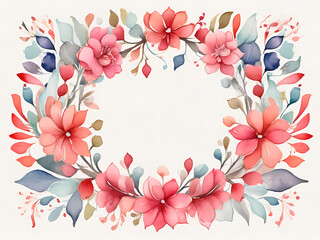Fototapeta premium Square frame decorated with colorful delicate pink flowers and green leaves rests on a white background.