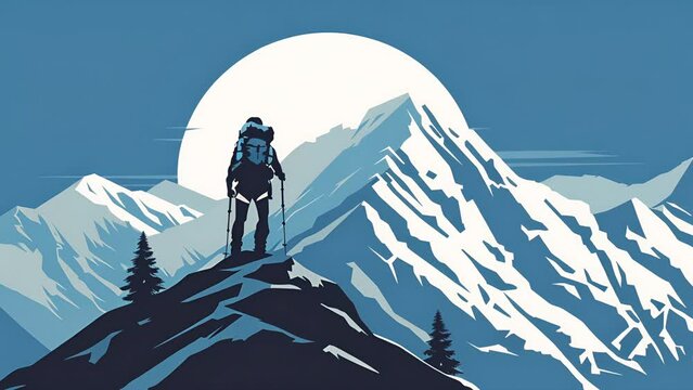 Video pushing towards stencil art of a mountain climber scaling a snowy peak framed the setting moon. Background for outdoor products advertisement.