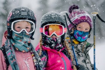 Little Caucasian Girls stand out on the snowy slopes in her ski style, adorned in fancy snow attire with vivid, vibrant shades of pink and pastel blue, complemented by rainbow ski goggles.
