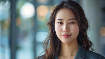 businesswoman, facing the camera with a confident smile