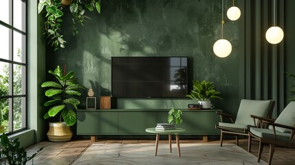 Minimalist living room interior have green cabinet for TV and decor accessories with green color wall- 3D rendering 