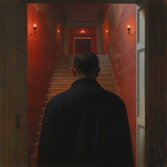 A dark figure stands at the bottom of a red staircase, lit by flickering candles.