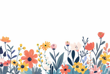 bannière avec des illustrations de fleurs des champs, fleurs sauvages, sur fond blanc avec espace négatif copyspace, Dessin printanier aux couleurs douces