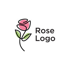 Rose flower petal line and branch with leaves vector logo emblem design template illustration simple minimal linear style