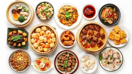 Rich Selection of Chinese Food in Top-Down View on Clean White Background, High Definition 8K Image.