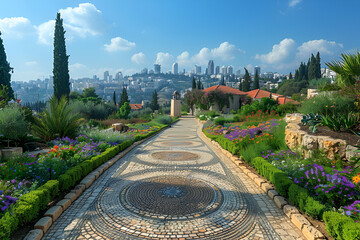 Jerusalem Travel Destination. Beautiful City,
Baha'i Gardens aerial view on bright day
