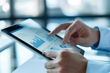 Close-up of business professional using a tablet to analyze financial data and graphs in a modern office setting.