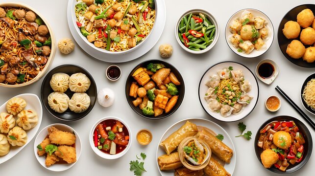 Authentic Chinese Cuisine Spread in High Definition 8K, Top View on Plain White Background