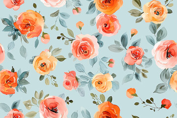 Seamless pattern of delicate watercolor roses with green leaves on a light blue background, perfect for decoration and tile projects, adding a romantic and floral ornament to any design