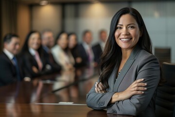 Young successful businesswoman at corporate office looking at camera. Smile and give off a confident look