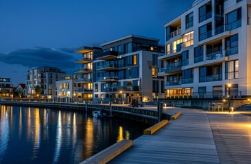 Modern apartment buildings near the sea in a suburban area. Scandinavian architecture with glass facades and lights at night, street lighting in a wide angle shot