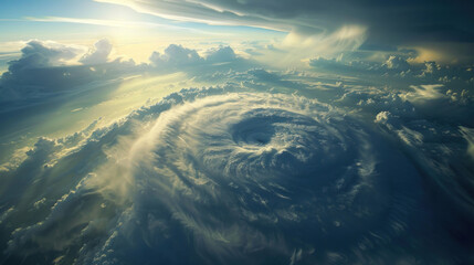 Aerial view of a hurricane's eye over Florida, surrounded by towering storm clouds and fierce winds, depicting nature's raw power and fury.