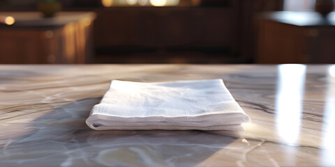 Folded white towels, napkin, linen tablecloth on the table, perspective
