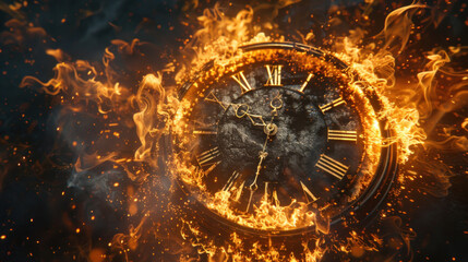 Burning clock, with flames consuming its face, creating a striking image of time dissolving in fiery destruction.