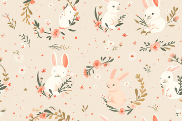 Cute bunny pattern with pastel colors and floral elements, seamless design ideal for children's decor and playful themes