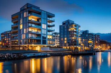 Modern apartment buildings near the sea in a suburban area. Scandinavian architecture with glass facades and lights at night, street lighting in a wide angle shot
