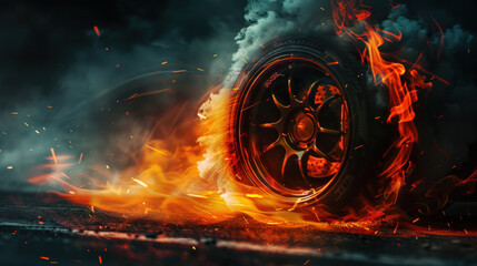 Burnout tire with flames and smoke, high-speed wheel on fire, capturing the intense energy and dynamic motion of drifting in concept art style.