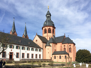 wiew to cloister garden of famous cathedral in Seligenstadt