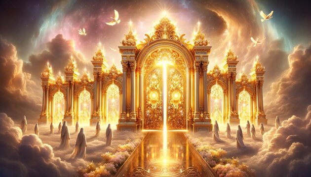 The golden gate in the clouds at the entrance to the Kingdom of Heaven and the righteous near the gate