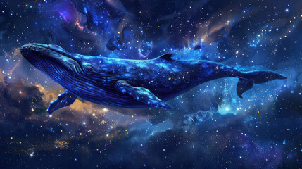 A celestial whale drifting among stars and particle dust, blending cosmic wonder with the grace of the deep sea, creating a mystical scene.