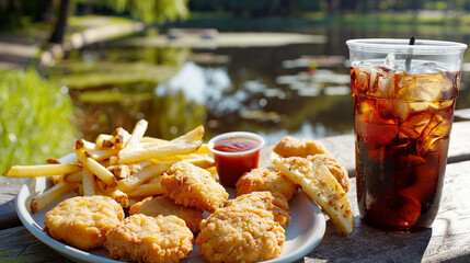 Golden chicken nuggets and French fries served with a beverage and dipping sauce, laid out on a park bench near a pond