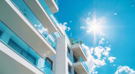 Obraz premium Modern apartment buildings with white facades and glass balconies, the sun shining through the clouds
