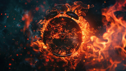 Clock engulfed in flames, its face burning away as time melts into ashes, symbolizing the fleeting nature of time and urgency.