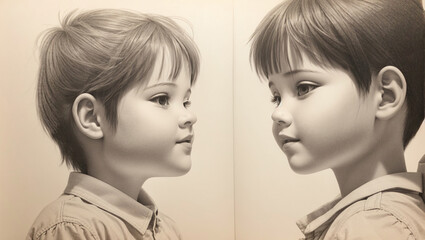 The image is a black and white drawing of three children in profile.