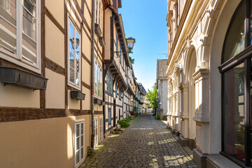 Fototapeta premium scenic old half timbered houses of poor people in the historic Adolfstrasse in Detmold,