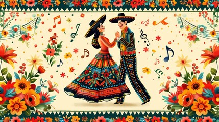 Bright and festive Cinco de Mayo vector image with a couple performing a traditional Mexican dance, surrounded by floral decorations and music notes Generative AI
