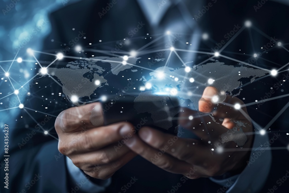 Poster view of businessman using mobile phone with world map and global network connection concept, ai gene