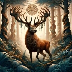 Painting of a Deer in the woods with a celtic symbol on its antlers.