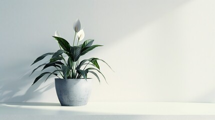 Minimalist Peace Lily: Peace Lily in grey pot on white backdrop exudes tranquil minimalism.