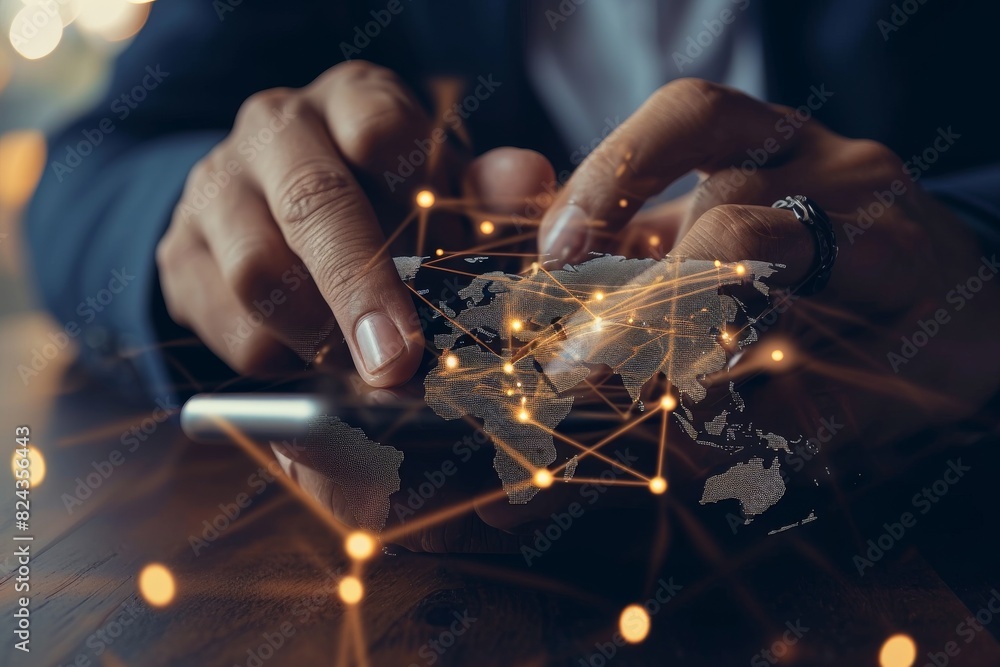 Poster view of businessman using mobile phone with world map and global network connection concept, ai gene
