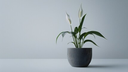 Minimalist Peace Lily: Peace Lily in grey pot on white backdrop exudes tranquil minimalism.