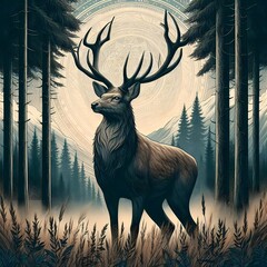 Painting of a deer standing in the middle of a forest. Beautiful of deer and forest.