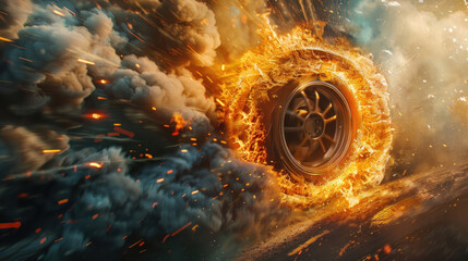 A drifting wheel, surrounded by flames and smoke, embodying the high-speed thrill and explosive power of tire burnout.