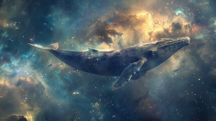 Cosmic whale surrounded by a cloud of luminous particle dust, navigating through the stars, depicting a fantastical journey in space.